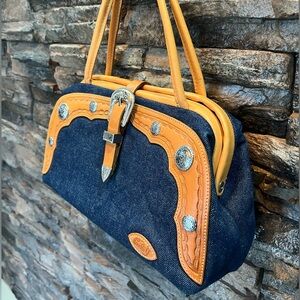 Denim and Tan Shoulder Bag